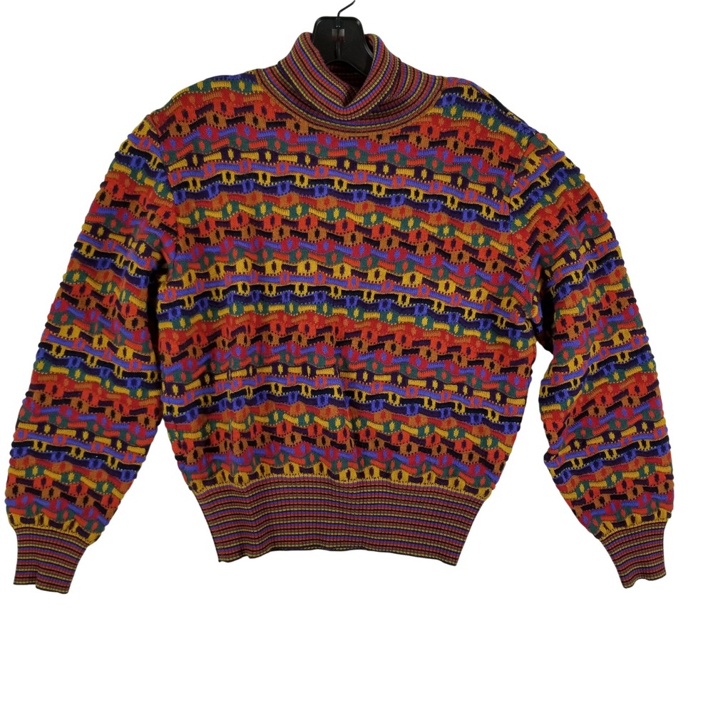 VTG Missoni Neiman Marcus‎  Multi Color 3D Knit  Wool Mock Neck Sweater Italy